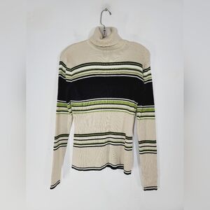 Obermeyer Striped Turtleneck Sweater - Cream, Black, and Green, Size Large